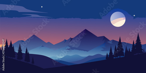 Mountain range at dusk with a large moon and stars