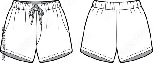 Shorts fashion CAD, drawstring waistband and elastic waist pocket shorts technical flat sketch, vector illustration, apparel design template, garment construction drawing