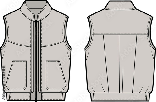 Sleeveless vest fashion CAD, zip front high collar jacket technical flat sketch, vector illustration, apparel design template, garment construction drawing