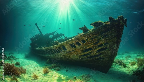 Sunlit underwater scene of a large rusted shipwreck on sandy ocean floor surrounded by fish and coral formations