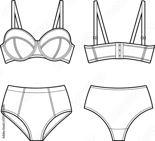 Technical fashion CAD illustration, lingerie set bra and panties front and back view, intimate apparel design sketch, garment construction drawing, vector template