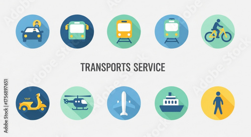 Collection of vector icons representing various transportation services, including car, bus, train, bicycle, and other modes of transport