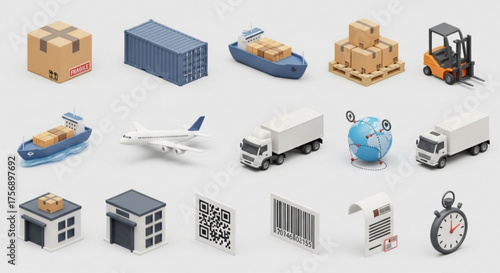 Isometric logistics and delivery icons includes box, container, ship, forklift, plane, truck, globe, warehouse, qr code, barcode, and stopwatch