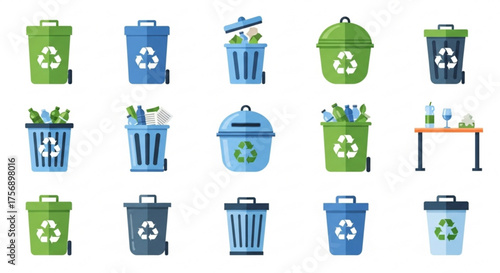 Collection of colorful recycle bins with recycle symbol, representing waste management and environmental conservation