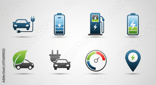 Set of electric car and charging station icons collection of symbols related to electric vehicles, batteries, and ecofriendly transportation