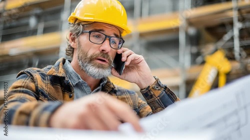 Construction blueprint call: A focused construction worker, adorned in a yellow hard hat, intently studies a blueprint while engaged in a phone conversation.