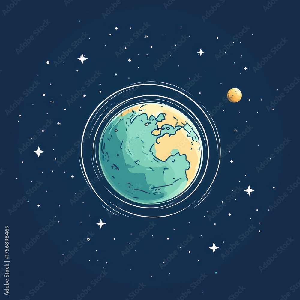Naklejka premium Illustration of planet Earth surrounded by orbiting lines and small stars with a smaller planet in the background on a dark blue space backdrop