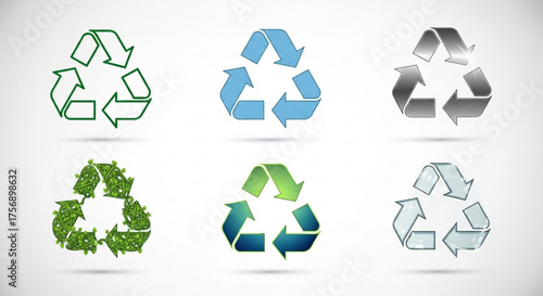 Collection of six recycling symbols in different styles, showcasing the universal icon for environmental conservation and sustainable practices