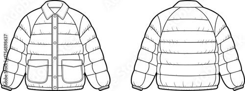 Technical fashion CAD illustration, quilted puffer jacket front and back view, apparel design sketch, garment construction drawing, vector flat template