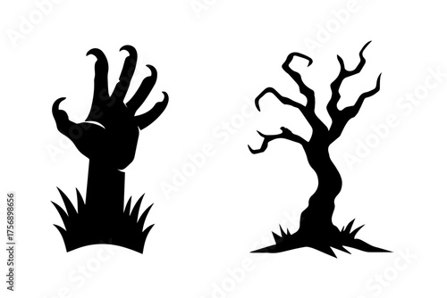 Set of two classic spooky Halloween silhouettes: a zombie hand rising from grass and a gnarled, bare tree, conveying eerie landscapes, horror themes, and traditional holiday graphics