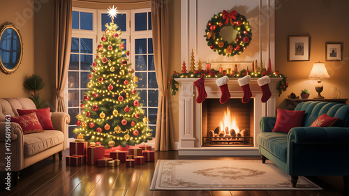 A festive living room with christmas tree fireplace and sofas showcasing holiday decorations and gifts