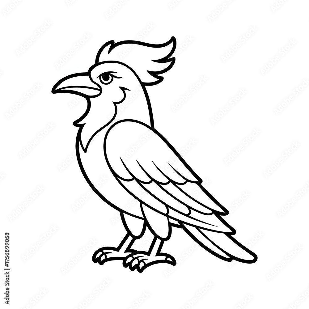 Fototapeta premium Charming Crested Raven Cartoon Outline Illustration Isolated on White Background