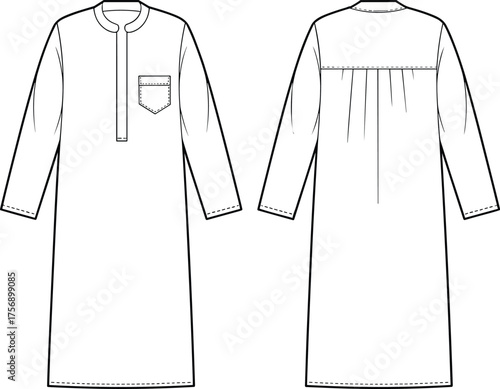 Technical fashion CAD illustration, traditional robe thobe front and back view, apparel design sketch, garment construction drawing, vector flat template, clothing design
