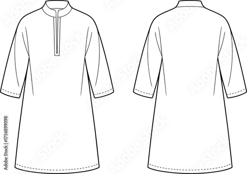 Technical fashion CAD illustration, traditional thobe dishdasha garment front and back view, cultural clothing design sketch, garment construction drawing, vector template