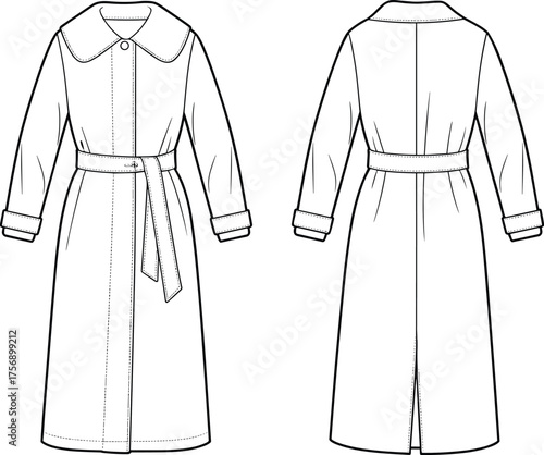 Technical fashion CAD illustration, trench coat front and back view, apparel design sketch, garment construction drawing, vector flat template, clothing design