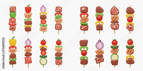 Illustration of colorful skewers with meat and vegetables on a stick.