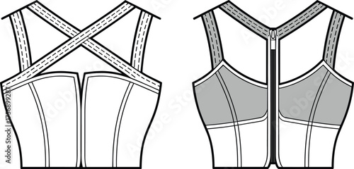 Technical fashion CAD illustration, women bustier top with crisscross straps and zipper back front and back view, garment construction drawing, vector template