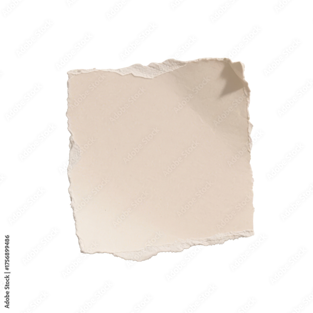 Obraz premium Torn beige paper square with natural fibers and curled edges. Isolated png on transparent background for notes, collage, journaling, scrapbooking, planners, and warm neutral layouts.