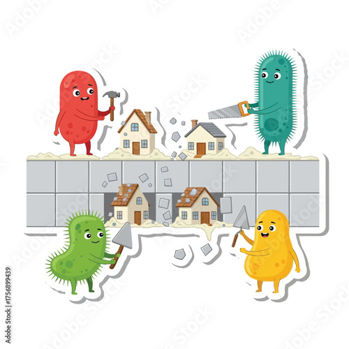 Animated microorganisms constructing miniature houses with tools, illustrating teamwork and building.