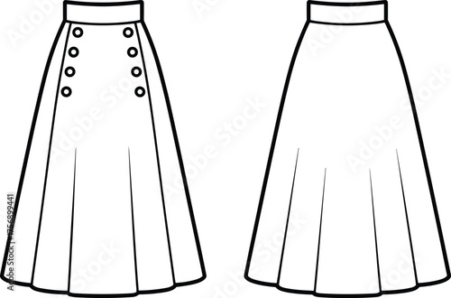 Technical fashion CAD illustration, women long skirts front view buttoned pleated and plain pleated styles, apparel design sketch, garment construction drawing, vector template