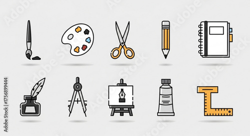Collection of art and craft supply icons, perfect for illustrating creative hobbies and artistic pursuits