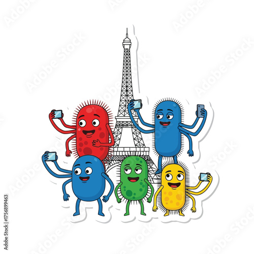 Cartoon microbes take selfies with the Eiffel Tower in Paris, France.