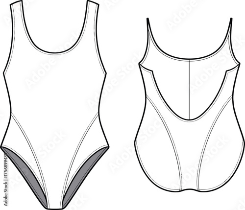 Technical fashion CAD illustration, women one piece swimsuit front and back view, scoop neckline design sketch, garment construction drawing, vector template