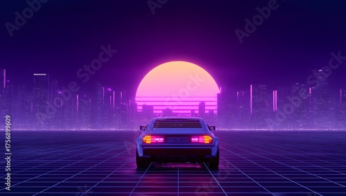 Retro futuristic sports car drives towards a glowing neon sunset over a city skyline in a synthwave aesthetic