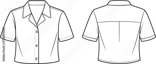 Technical fashion CAD illustration, women short sleeve button up shirt with notched collar front and back view, apparel design sketch, vector template