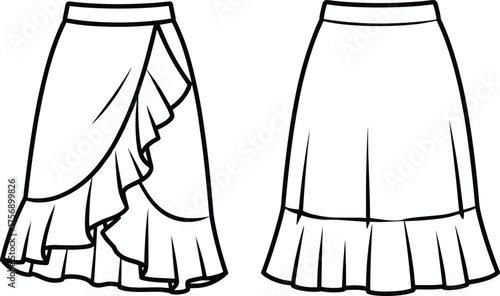 Technical fashion CAD illustration, women skirts front view wrap ruffle and pleated styles, apparel design sketch, garment construction drawing, vector template