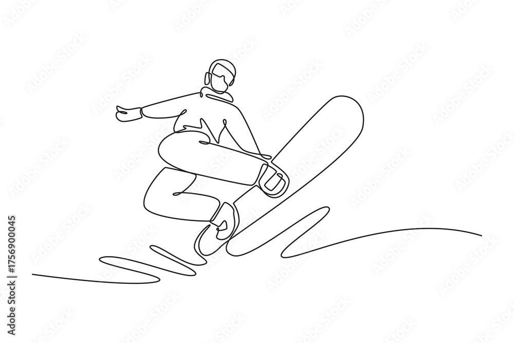 Fototapeta premium Continuous one line drawing young man wearing winter gear is airborne, executing dynamic jump with board raised, fluid motion, extreme winter sport. Single line draw design vector graphic illustration