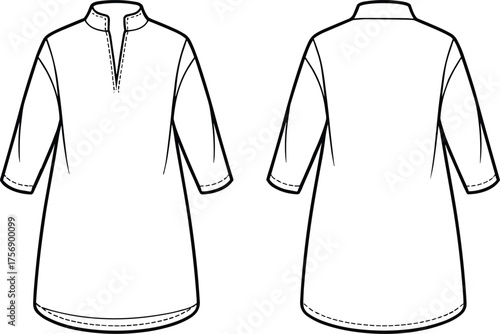 Technical fashion CAD illustration, women tunic top with stand collar front and back view, apparel design sketch, garment construction drawing, vector template