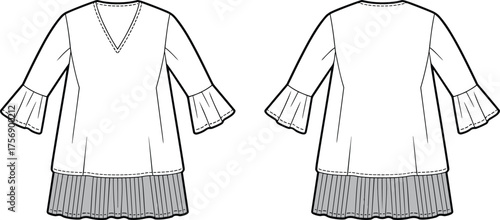 Technical fashion CAD illustration, women V neck dress with ruffle sleeves and pleated hem front and back view, vector flat template