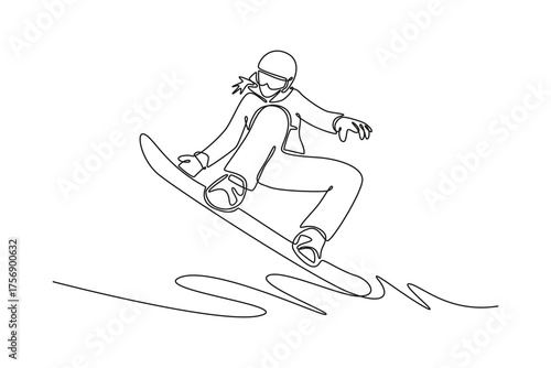 Single continuous line drawing young girl wearing goggles and helmet is snowboarding, mid-air in dynamic jump or trick. Extreme action of winter sport. One line draw graphic design vector illustration