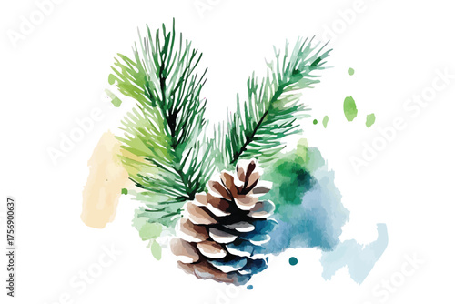 Watercolor fir pine cone on branches Christmas winter illustration for New Year holiday decoration greeting card and invitation design with abstract splashes