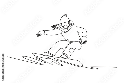 Continuous one line drawing girl wearing beanie and goggles is snowboarding low into carving turn, leaning forward with arms extended for balance. Single line draw design vector graphic illustration