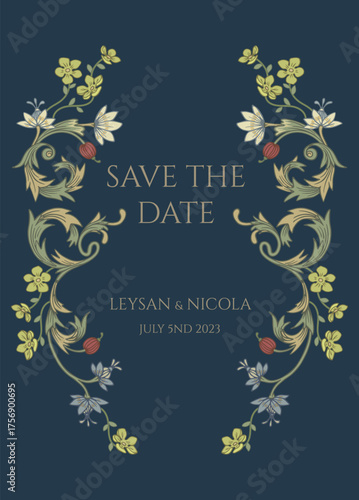 Save the Date card template.  Multicolored decorative frame. Vintage Victorian style frame.