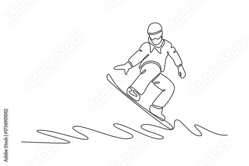 Single one line drawing snowboarder carving turn with low, crouched posture and wide arms for balance, dynamic flow of the winter sport. Modern continuous line draw design graphic vector illustration