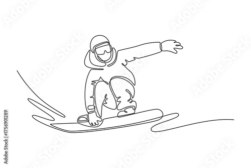 Single one line drawing snowboarder carving turn with low, crouched posture, extending one hand down to snow, motion of the winter sport. Modern continuous line draw design graphic vector illustration