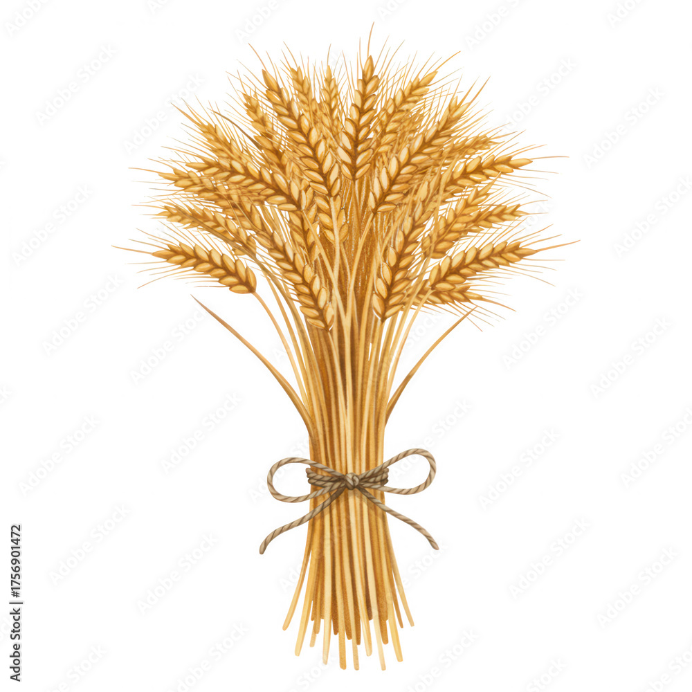 Fototapeta premium Tied bundle of golden ripe wheat stalks illustration with natural twine bow