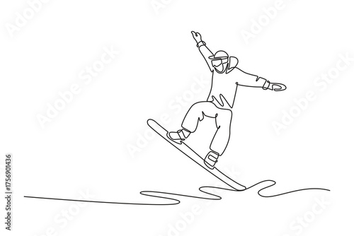 Single one line drawing snowboarder carving sharp turn or performing trick with arms extended for balance, dynamic flow of extreme sport. Modern continuous line draw design graphic vector illustration