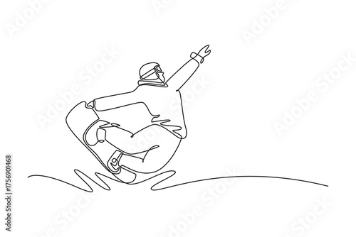 Single one line drawing male snowboarder launching into the air off ramp or mound, with one arm raised and board tucked, dynamic jump or trick. Continuous line draw design graphic vector illustration