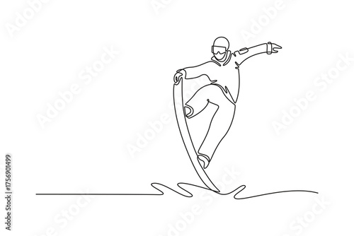 Single one line drawing snowboarder carving a sharp turn or executing a grab trick, dynamic balance and fluid motion of the winter sport. Modern continuous line draw design graphic vector illustration