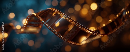 Golden film strip flowing with bokeh lights background, evoking nostalgia. Concept for movie production, vintage style and entertainment industry. © Rifqi