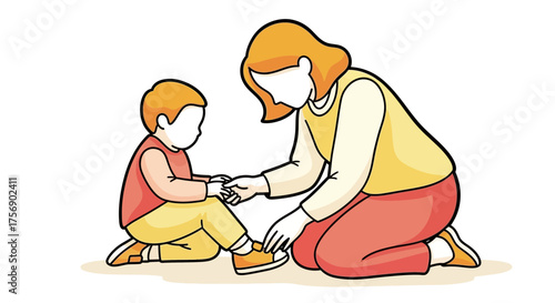 Mother helping her young son tie his shoes, a moment of care and teaching in family life