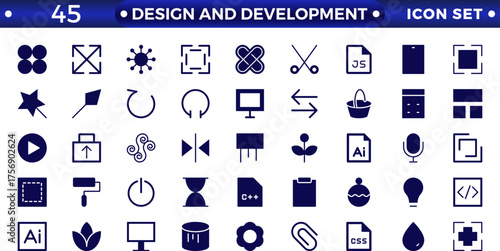 Set of solid icons of Design and development. Simple, solid icons in a modern style, flat, Creative Process. Graphic design, creative package, stationery, software, and more.
