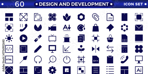 Set of solid icons of Design and development. Simple, solid icons in a modern style, flat, Creative Process. Graphic design, creative package, stationery, software, and more.
