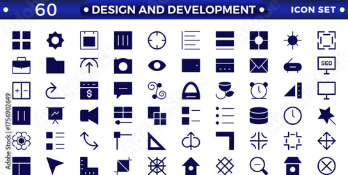 Set of solid icons of Design and development. Simple, solid icons in a modern style, flat, Creative Process. Graphic design, creative package, stationery, software, and more.
