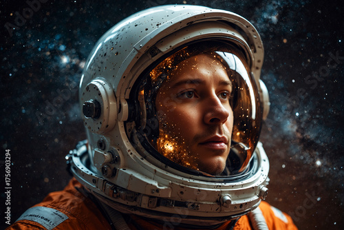 Close-Up of Astronaut’s Helmet Reflecting the Milky Way – Cosmic Reflection in Space