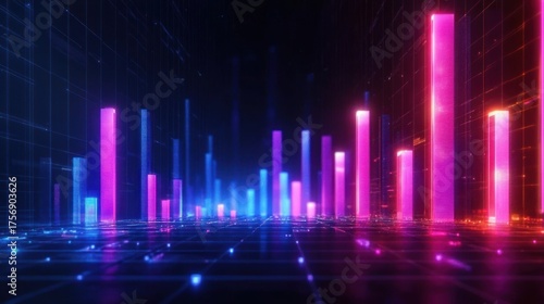 Glowing neon colored 3D digital bar graph columns on a grid in a futuristic data visualization with vibrant purple, blue, and pink lights